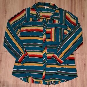 ANDREE BY UNIT Teal Striped Button-Up Shirt with Multicolor Accents